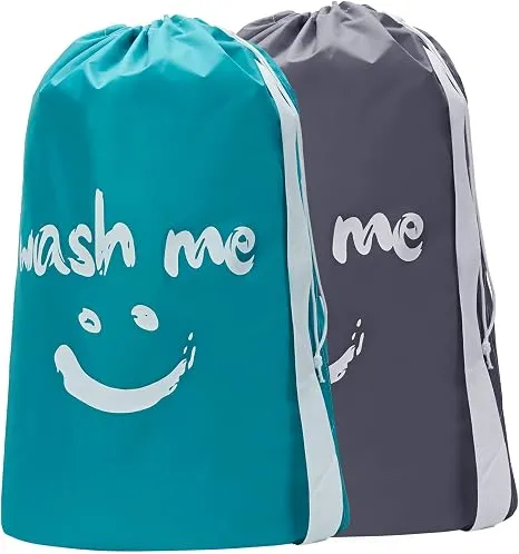 HOMEST 2 Pack XL Wash Me Travel Laundry Bag with Strap, Grey & Sky Blue