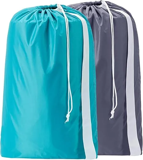 HOMEST 2 Pack XL Nylon Laundry Bag with Strap, Grey & Sky Blue